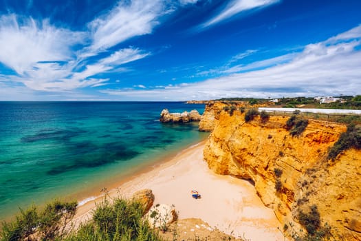 Praia dos Tres Castelos in south Portugal, Portimao, Algarve region. Landscape with Atlantic Ocean, shore and rocks in Tres Castelos beach (Praia dos Tres Castelos), Algarve, Portimao, Portugal.