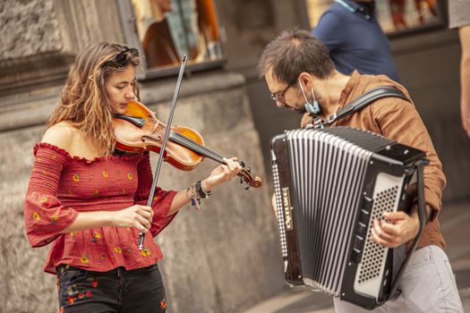 BOLOGNA, ITALY 17 JUNE 2020: Musician Street artists in Bologna