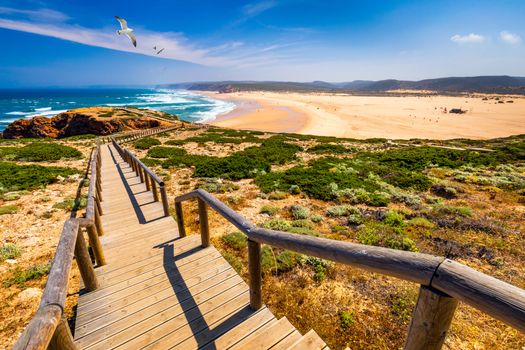 Praia da Bordeira and boardwalks forming part of the trail of tides or Pontal da Carrapateira walk in Portugal. Flying seagulls over Praia da Bordeira in portuguese. Bordeira, Algarve, Portugal.