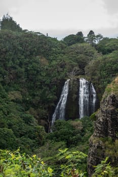Nawiliwili, Kauai, Hawaii, USA. - January 16, 2020: White water Opaekaa Falls surrounded by green forest under silver sky. Brown-black rock cliffs.