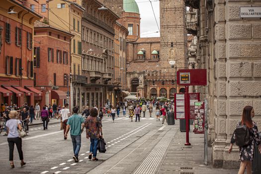 BOLOGNA, ITALY 17 JUNE 2020: People in Bologna walking on city center