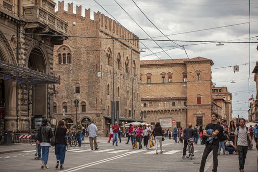 BOLOGNA, ITALY 17 JUNE 2020: People in Bologna walking on city center