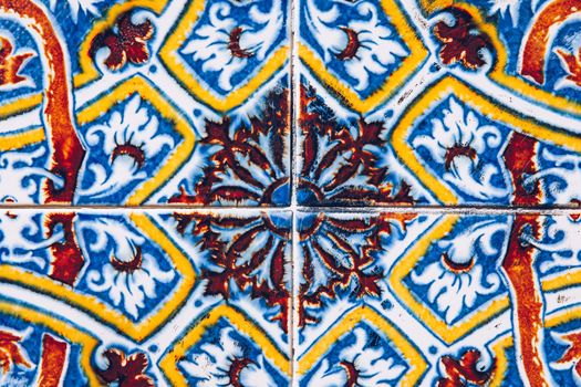 Azulejo is a form of Portuguese or Spanish painted, tin-glazed, ceramic tile work. Azulejos is traditional Portugese tiles in Aveiro. Architecture ornament. Aveiro, Portugal.