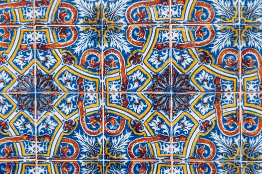 Azulejo is a form of Portuguese or Spanish painted, tin-glazed, ceramic tile work. Azulejos is traditional Portugese tiles in Aveiro. Architecture ornament. Aveiro, Portugal.