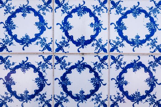 Azulejo is a form of Portuguese or Spanish painted, tin-glazed, ceramic tile work. Azulejos is traditional Portugese tiles in Aveiro. Architecture ornament. Aveiro, Portugal.