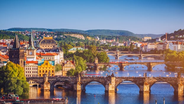 Prague Scenic spring sunset aerial view of the Old Town pier architecture and Charles Bridge over Vltava river in Prague, Czech Republic