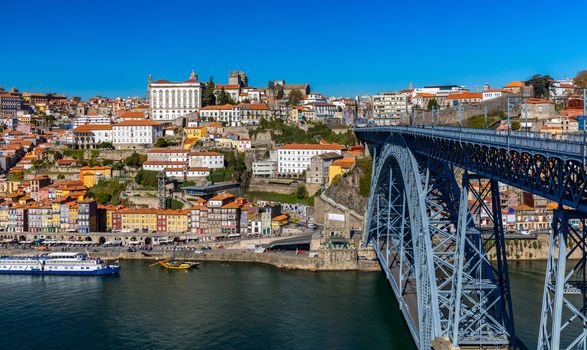 Scenic view of the Porto Old Town pier architecture over Duoro river in Porto, Portugal