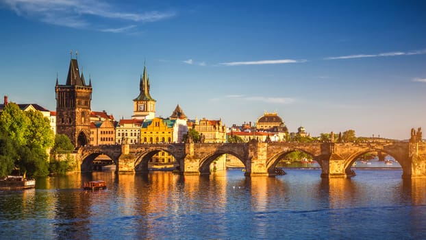 Prague Scenic spring sunset aerial view of the Old Town pier architecture and Charles Bridge over Vltava river in Prague, Czech Republic