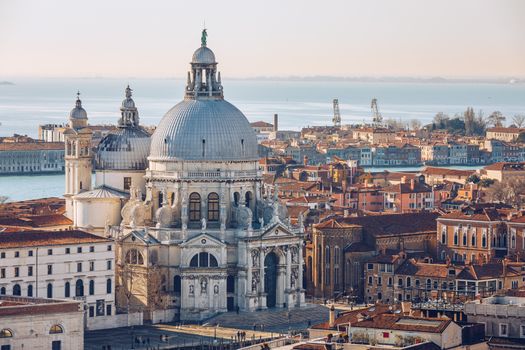 Aerial View of the Grand Canal and Basilica Santa Maria della Salute, Venice, Italy. Venice is a popular tourist destination of Europe. Venice, Italy.