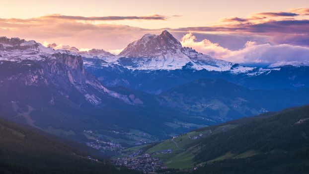 Majestic Dolomites mountain range, valley with south tyrol dolomites background. South Tyrol, Dolomites, Italy.