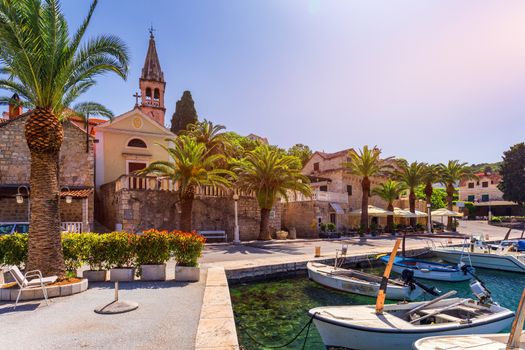 Fishing boats in Splitska village with beautiful port, Brac island, Croatia. Village of Splitska on Brac island seafront view, Dalmatia, Croatia, Croatia.