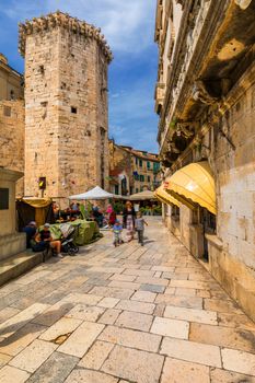 Street in Split historical center, Croatia. Beautiful square of the old town of Split in Croatia. Old stone street of Split historic city, Dalmatia, Croatia