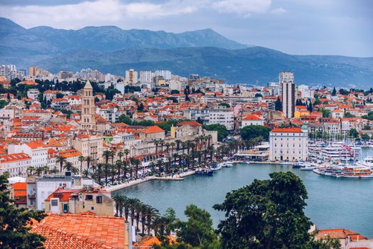 Split, Croatia (region of Dalmatia). UNESCO World Heritage Site. Diocletian Palace and Mosor mountains in background. Split panoramic view of town, Dalmatia, Croatia.