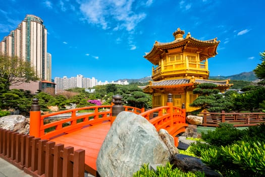 Front View The Golden Pavilion Temple in Nan Lian Garden