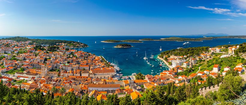 Panorama view at amazing archipelago in front of town Hvar, Croatia. Harbor of old Adriatic island town Hvar. Amazing Hvar city on Hvar island, Croatia. High resolution photo of Hvar town, Croatia.