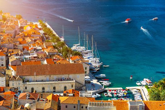 View at amazing archipelago in front of town Hvar, Croatia. Harbor of old Adriatic island town Hvar. Popular touristic destination of Croatia. Amazing Hvar city on Hvar island, Croatia.