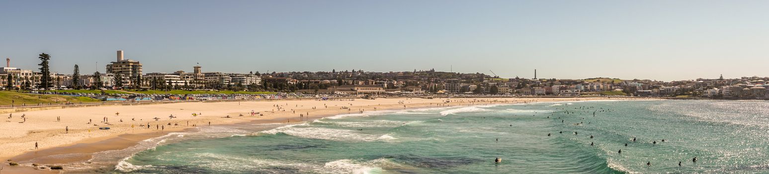 Sydney, Australia - February 11, 2019:  Panorama shot of sandy Bondi beach with housing and nature reserves. Blue water and sky. Plenty of people in water and on sand.