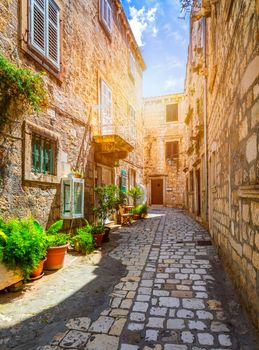 Beautiful street with flowers in the Hvar town, Hvar island, Dalmatia, Croatia. Old Mediterranean street, Hvar town. Old Adriatic town Hvar. Medieval street. Popular touristic destination of Croatia.