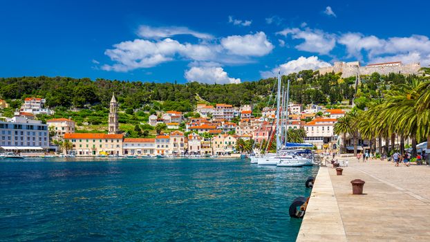 View at amazing archipelago with fishing boats in town Hvar, Croatia. Harbor of old Adriatic island town Hvar. Popular touristic destination of Croatia. Amazing Hvar city on Hvar island, Croatia.