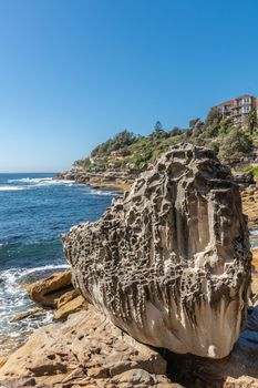 Sydney, Australia - February 11, 2019: Closeup of gray sponge-like rock formation off Hunter Park on South shore of Bondi beach. Blue sky and water. Crashing waves.
