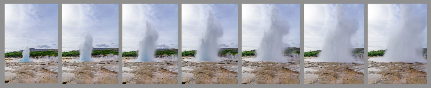 GEYSIR, ICELAND - JUNE 11, 2016: Collage of the stages in an eruption of the Strokkur geyser, with tourists watching, in Geysir, Iceland