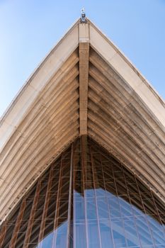 Sydney, Australia - February 11, 2019: Detail of white roof structure of Sydney Opera House against deep blue sky. 8 of 12.