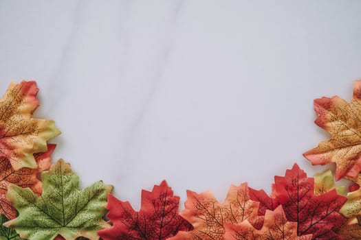 Top view of autumn maple leaf on white marble texture abstract background with copy space.