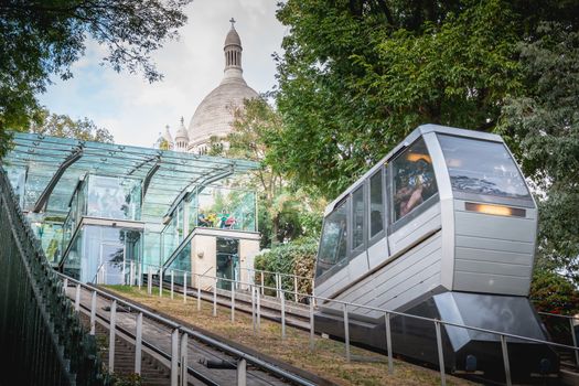 Paris, France - October 6, 2018: view of the funicular of Montmartre which allows to climb to the top of the hill Montmartre and to access the basilica of the Sacred Heart