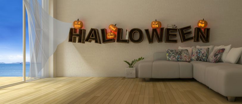 3d rendering image of living room which have Pumkind heads on the word " HALLOWEEN " on the wall.