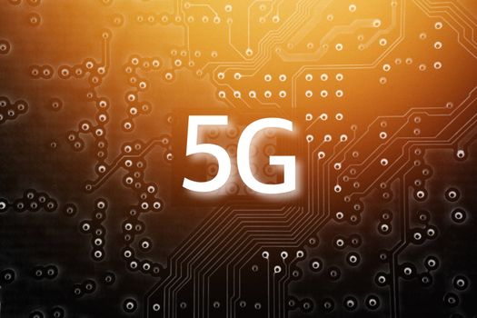 5G Mobile chip on computer board background. Copy space and Technology concept. Selective focus