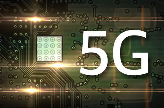 5G Mobile chip on computer board background. Copy space and Technology concept. Selective focus