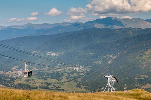 Saint Lary Soulan, France - August 20, 2018: cable car that connects directly the city center of Saint Lary to the station in winter for skiing and in summer for the downhill bike