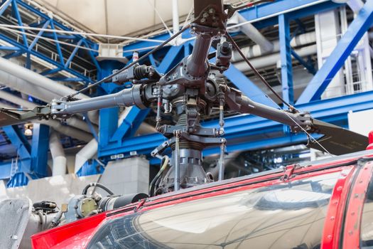 Paris, France - October 6, 2018 - Old Red Helicopter of Civil Security exhibited at the entrance of the City of Science and Industry during the Science Festival