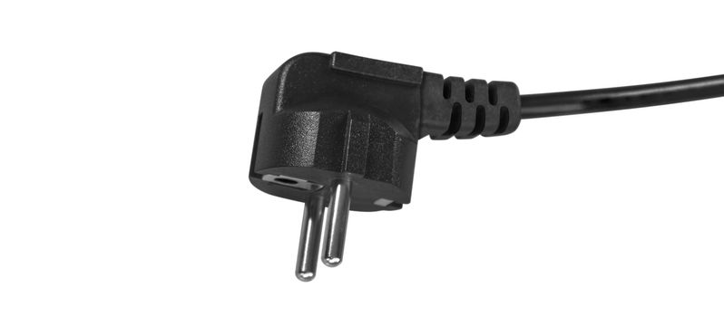 Black power cable with plug isolated on white. Clipping path included.