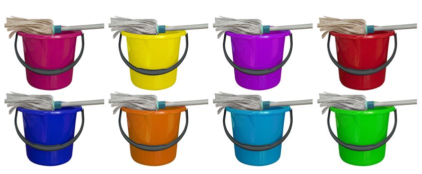 Colorful buckets with cleaning mop isolated on a white background