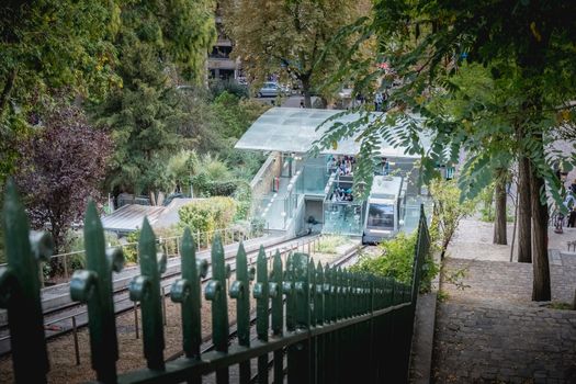 Paris, France - October 6, 2018: view of the funicular of Montmartre which allows to climb to the top of the hill Montmartre and to access the basilica of the Sacred Heart