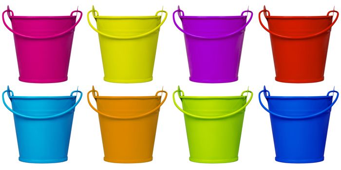 Empty metal colorful buckets isolated on white.