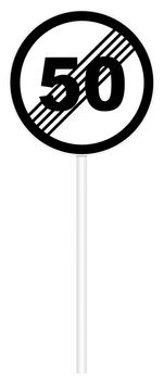 Prohibitory traffic sign isolated on white 3D illustration - The end zone of max speed