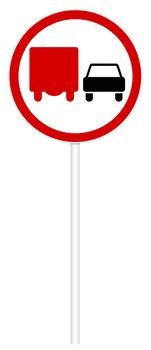 Prohibitory traffic sign isolated on white 3D illustration - Overtaking trucks