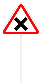 Warning traffic sign isolated on white 3D illustration - Crossroad