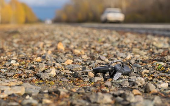 Lost bunch of keys lying on the side of the road near the asphalt pavement of the roadway