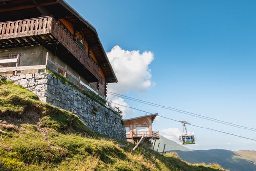 Saint Lary Soulan, France - August 20, 2018: cable car that connects directly the city center of Saint Lary to the station in winter for skiing and in summer for the downhill bike