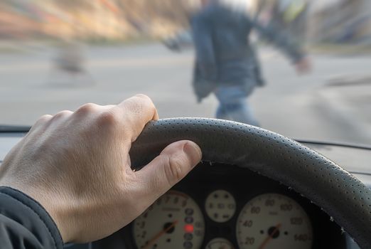 view from the car, emergency, pedestrian running across the road while the car is moving