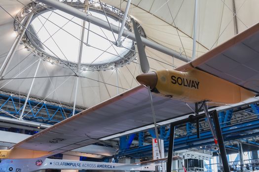 Paris, France - October 6, 2018: Exhibition of the famous Solar Impulse HB-SIA electric aircraft during the Science Fair 2018 in the hall of the City of Science and Industry