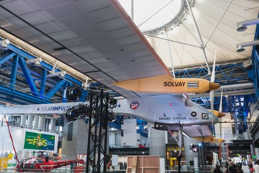 Paris, France - October 6, 2018: Exhibition of the famous Solar Impulse HB-SIA electric aircraft during the Science Fair 2018 in the hall of the City of Science and Industry