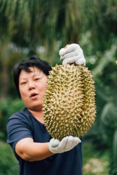 Asian woman farmer holding Durian is a king of fruit in Thailand and asia fruit have a spikes shell and sweet can buy at Thai street food and fruit market at agriculture farm