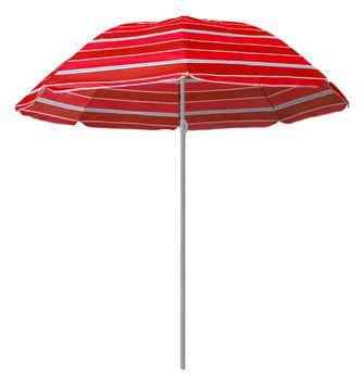Red striped beach umbrella isolated on white. Clipping path included.