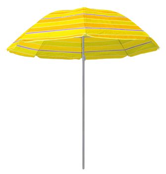 Yellow striped beach umbrella isolated on white. Clipping path included.