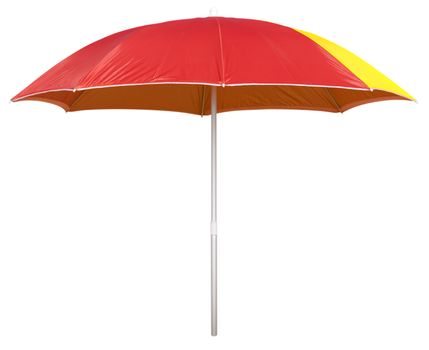 Red beach umbrella isolated on white. Clipping path included.