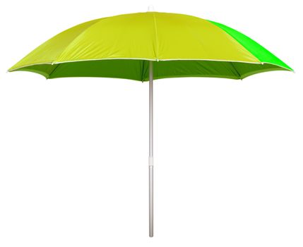 Yellow beach umbrella isolated on white. Clipping path included.